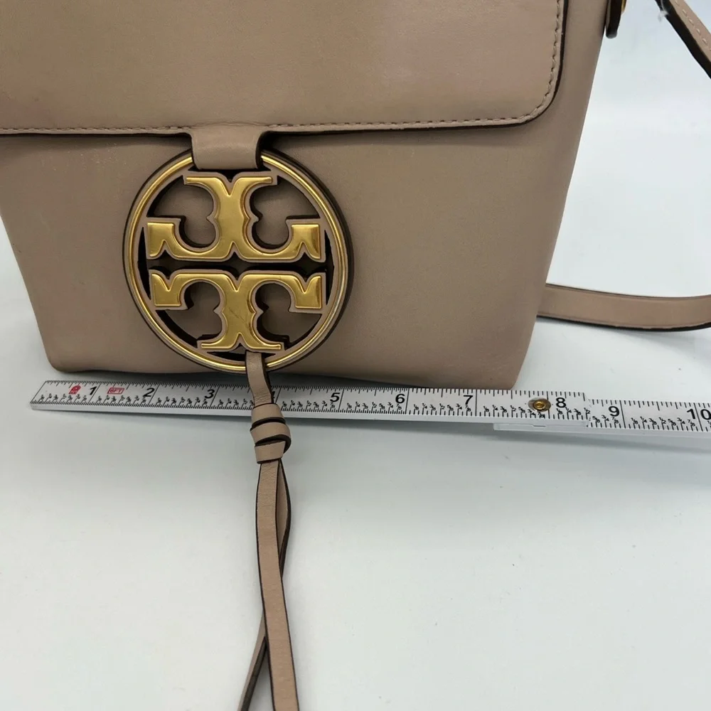 Tory Burch Taupe Leather Crossbody with Gold Logo Medallion